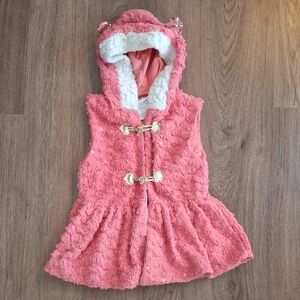 🌟 Little Lass Pink Gold Sequin Furry Vest with Hood Sequins Animal Ears 6X 🌟